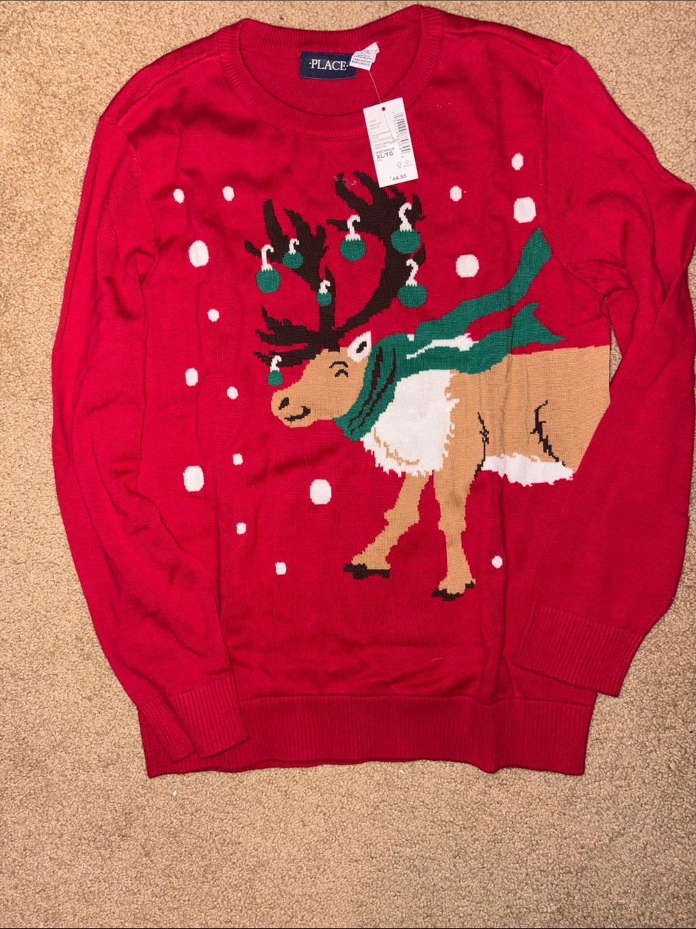 The Children's Place Red Reindeer Crewneck Sweater with Green Accents - Men's